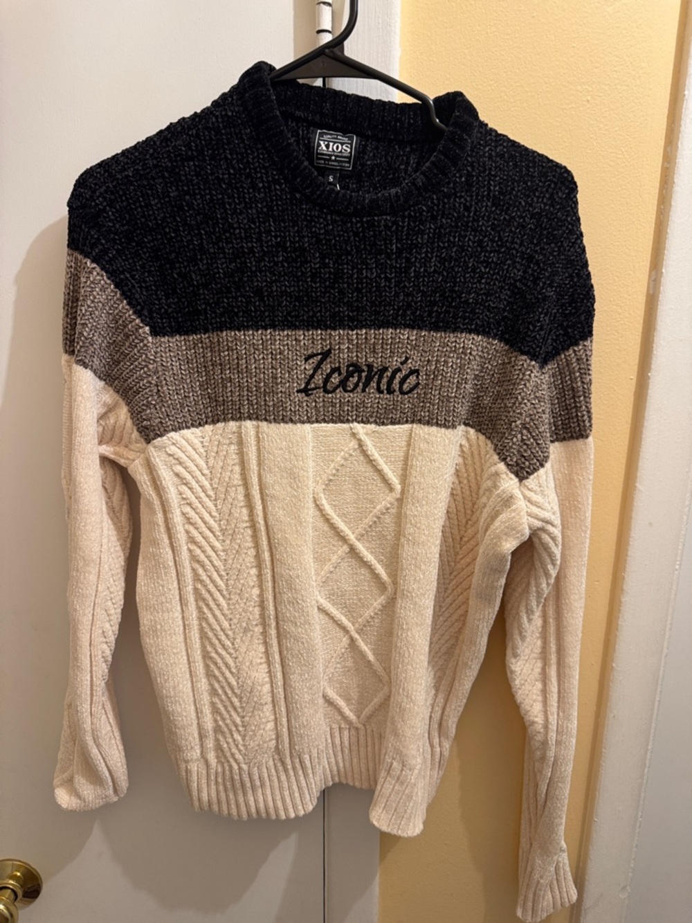Iconic Colorblock Crewneck Sweater by in Black, Brown & Cream